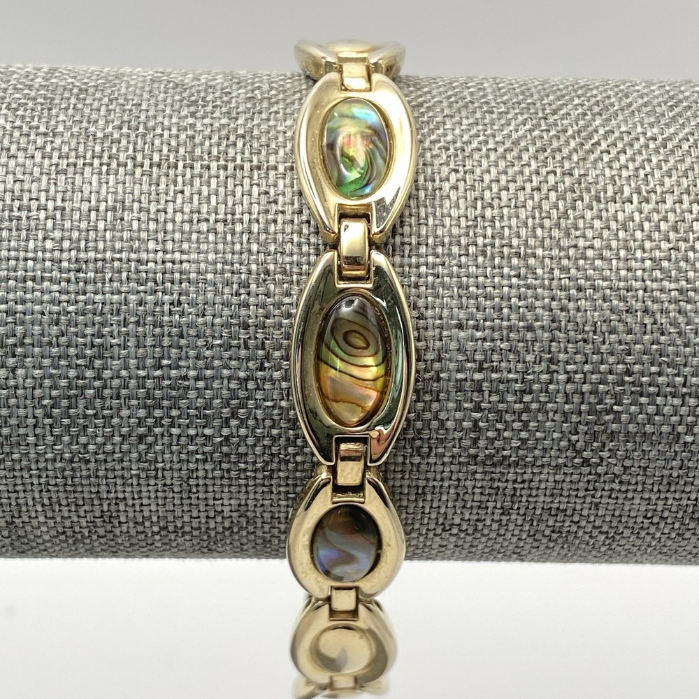 Unsigned Gold Tone Abalone Panel Link Bracelet Vintage Multicolor 7.5"